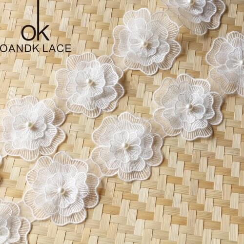 1y/lot Multi Option Double Embroidery Flower With Pearls Lace Ribbons DIY Garment Sewing Accessories