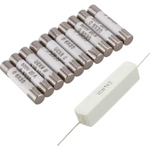 10 Pieces 6Mmx30mm 20A Faset-Blow Ceramic Fuse Link 500V & 10 Pcs 1K Ohm 5% Ceramic Cement Power Resistor 10W Watt