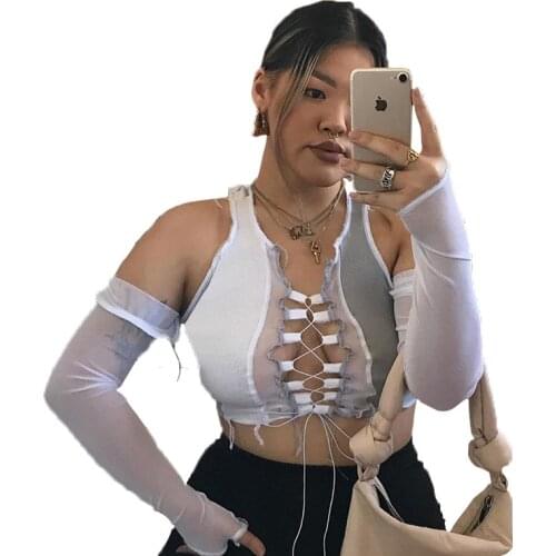 2020 sexy holes cut-out tassel crop top summer fashion patchwork mesh fabric tees Gothic activity cool slim sleeveless tshirt