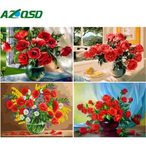 AZQSD Oil Painting By Number Flower Drawing On Canvas DIY Frame Paint By Numbers Poppy Kits Modern Wall Art Gifts