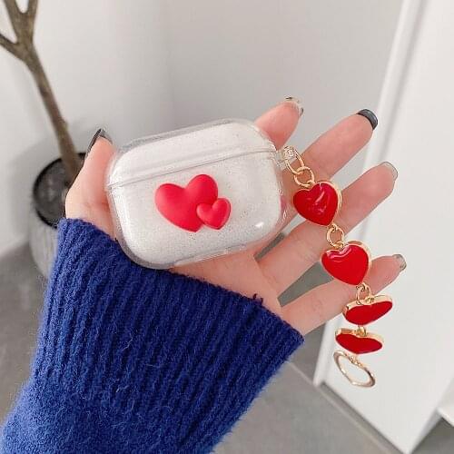 For Apple AirPods 2 3D Hearts with Keychain Earphone Cases For AirPods Pro 1 Soft Silicon Shockproof Headphone Cover Shell Case
