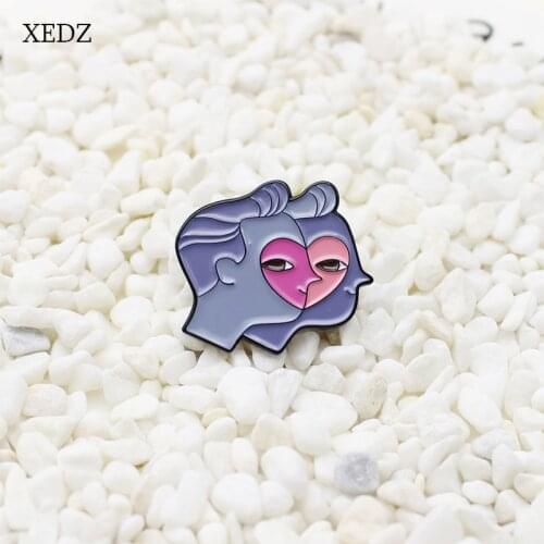 XEDZ Cartoon Double-sided Love Face Enamel Brooch Fashion Purple Stitching Head Couple Badge Jewelry Gift For Friends