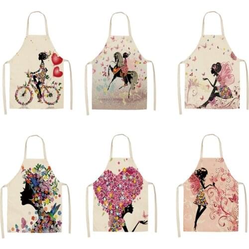 Cotton Linen Easy Cleaning Flower Butterflies Girl Printed Waist Bib Women Aprons 68x55cm/47x38cm Home Cooking Tool Waterproof