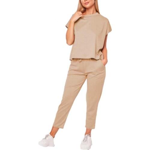 2Pcs Women Jogging Suit Loose Short Sleeve T-shirt Lace Up Pants Sport Tracksuit Pant Sets Fashion Matching Sets Ladies Clothing