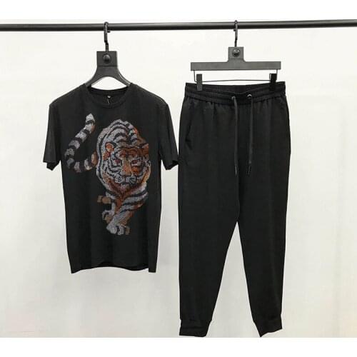Explosive Spring T-Shirt Top Sets Tracksuit Brand Hot Drilling O-Neck 2-Piece High Quality Mens Short Sleeve Summer