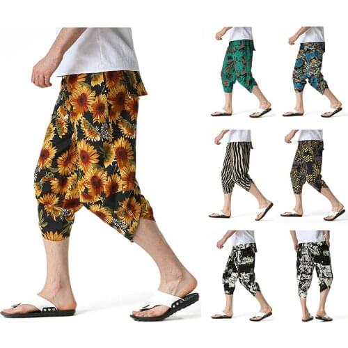 Cool Summer Mens Harlan Cropped Pants Wide Leg Mens Hawaii Holiday Linen Pants Shorts Men