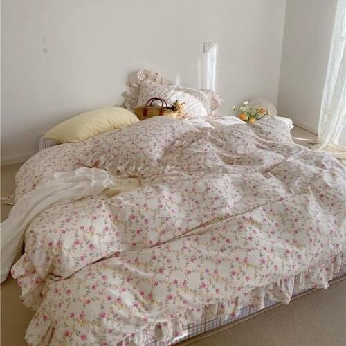 Girl Flower Twin Queen size Bedding Set Soft 100% Cotton French Floral Ruflles Duvet Cover 1 Bed Sheet 2 Pillow Cases