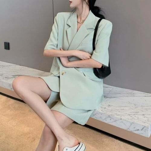 Office Lady Y2k Summer Blazer Suits Women Korean Style Think Short Sleeve Blazer Jacket + Loose Shorts Casual 2 Piece Set