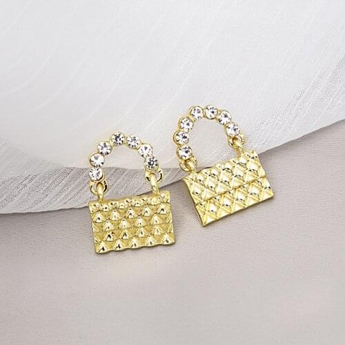 Origin Summer Unique Design Gold Color Handbag Dangle Earring for Women Girls Shining Rhinestone Hollow Metal Earring Jewelry