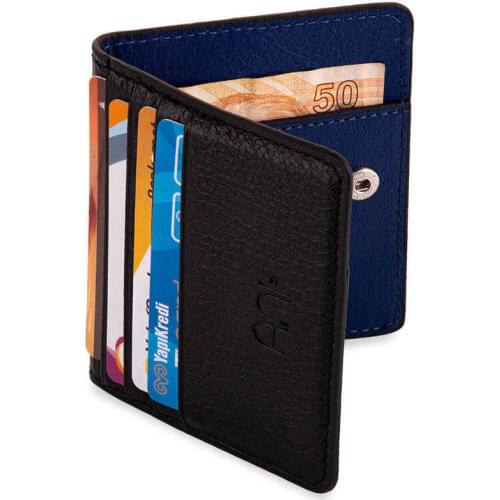 Practical Design Genuine Leather Slim Card Holder Wallet Black-Blue