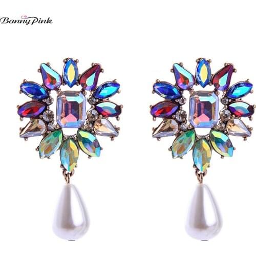 Banny Pink Colorful Rhinestone Glass Flower Stud Earrings For Women Party White Waterdrop Pearl Earrings Geo Statement Earrings