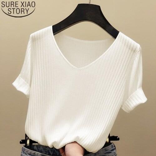 Silk Tops Women T-Shirt Knit Shirts 2021 Loose V Neck Black Tees Short Sleeve Fashion Spring Summer Thin Bottoming Shirt 13539