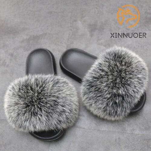 Fur Slippers Fox Hair Fluffy Cute Plush Ladies Flip Flops Summer Luxury Casual Business Outdoor Flat Sandals