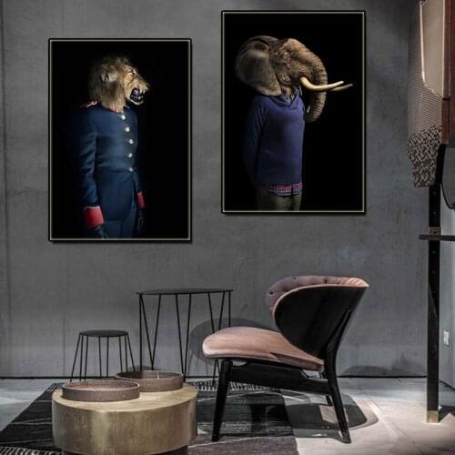 Modern Cartoon Anime Gentleman Animal Print Canvas Painting Elk Elephant Lion Poster Wall Art Picture for Living Room Home Decor
