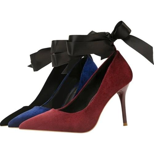 Pointed toe pumps women ankle lace up stiletto high heel flock dress shoes ladies evening shoe zm1