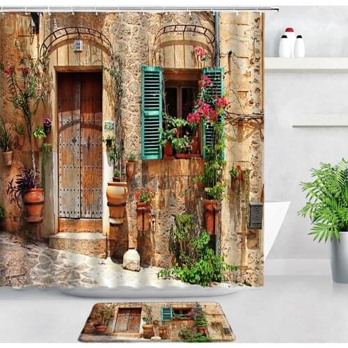 Vintage Town Street Scenery Flowers Shower Curtain Set Carpet Retro Wooden Door Stone Wall Bathroom Decor Non-slip Rug Bath Mats