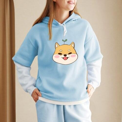 Shiba Inu Hoodie Women Cartoon Cute Fake Two Piece Sweatshirt Oversize Aesthetic Patchwork Hoodies for Teens Thick Tracksuit