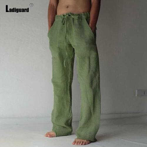 Ladiguard Men Fashion Cotton Linen Pants Solid Casual Drawstring Loose Straight Trousers Plus Size Mens Pocket Design Sweatpants