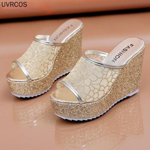 Womens Slipperssummer Shoes Thick-soled (4cm) Outer Fitting Room11cm High Heelswedges with Solid Mesh Womens Slippers New 2021