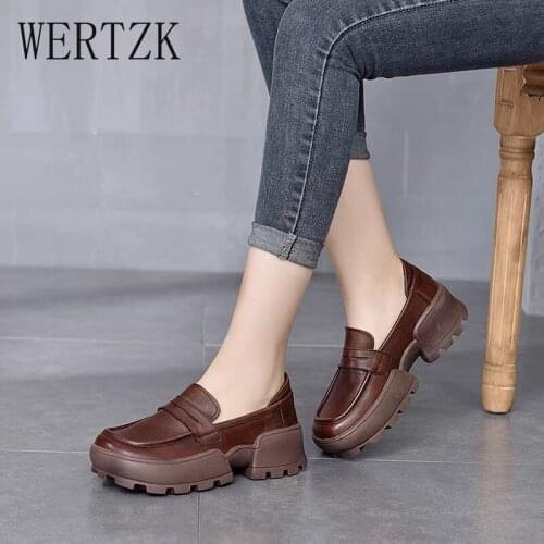 QYPZD Pumps Women Shoes New Wedges Retro Autumn PU Leather Loafers Round Toe Handmade Concise British Style Ladies Shoes