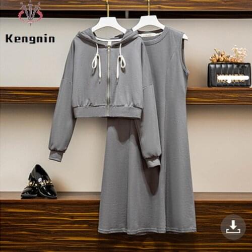 Autumn Winter Loose 4XL Women Sets Casual Tank Sleeveless Dress + Hooded Hoodies Two Piece Suits Female Clothing 2- Sets KE1908