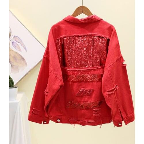 Women Basic Coat Hole Denim Jacket 2019 Spring Autumn Casual New Sequin Long Sleeve Jean Jacket Loose Denim Coat M317