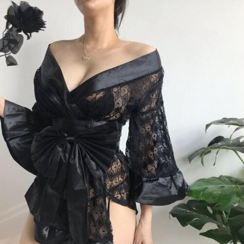 Summer New 2021 Japanese Sexy LaceThree Quarter High Waist Kimono Mesh Bow Womens Mesh Girl Female Trumpet Sleeve Pajamas E173