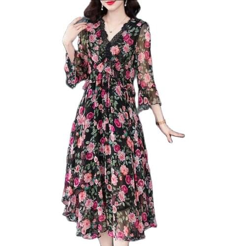 Printed chiffon dress womens 2021 summer new high-end temperament floral fairy skirt mid length over Knee Skirt