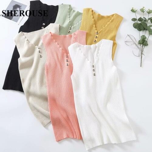 2021 Summer Tops Women Knitted Buttoned V-Neck Vest Chic Lady Fashion Casual Woman Tank Tops