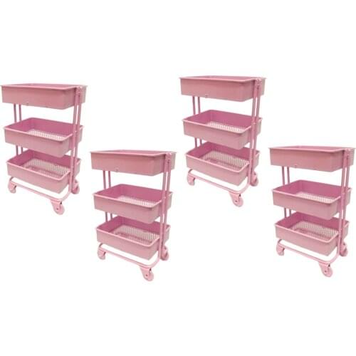 4Pcs 1/12 Scale Mini Metal 3 Layer Storage Shelf W/ 4 Wheels Dollhouse Pink
