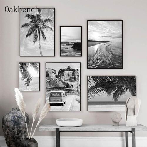 Black And White Landscape Canvas Art Print Beach Bus Palm Tree Wall Painting Nordic Posters And Prints Living Room Decoration