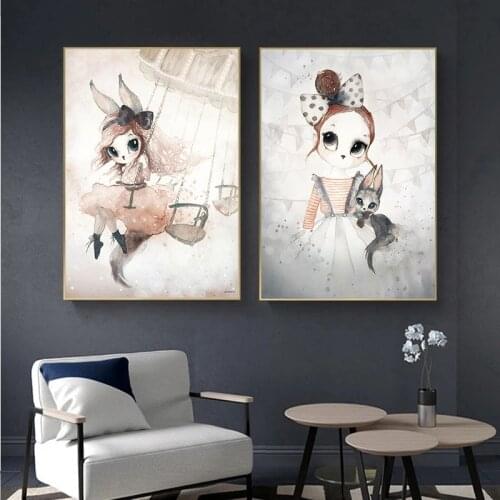 Home Decor Nordic Canvas Painting Wall Art Rabbit Girl Animal Abstract Watercolor Print Kid Bedroom Living Room Poster Picture