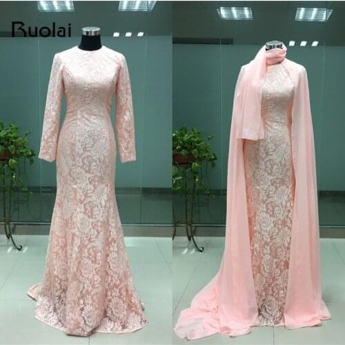 Real Photo Elegant Dubai Muslim Evening Dresses Long Sleeves Lace Mermaid Prom Dress 2019 Pink Formal Party Dresses FE42