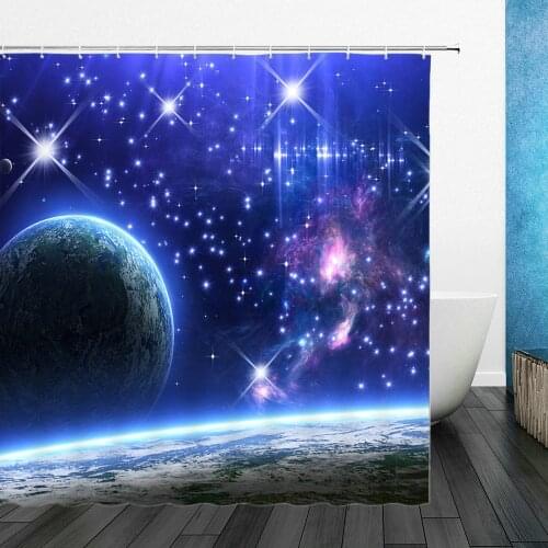 Hot Sale Space Landscape Shower Curtains Planet Stars Pattern Bathroom Decor Waterproof Polyester Fabric Curtain Set Cheap