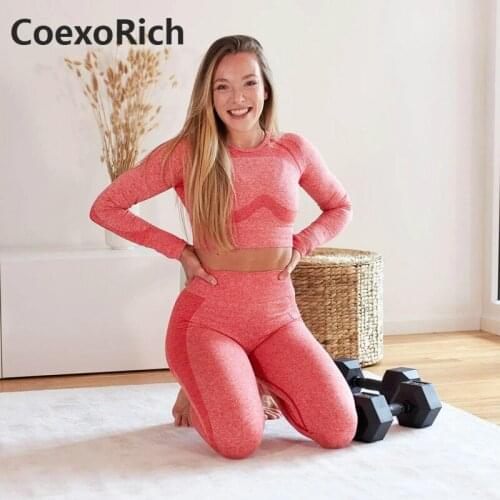 Yoga Set Women Sport Suit Gym Clothes 2 Piece Seamless Fitness Long Sleeve Crop Top High Waist Workout Leggings Sportswear