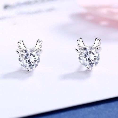 Fashion Cute Silver Plated Antler Stud Earrings CZ White Rhinestone Anti Allergy Lady Earrings Charm Lady Cocktail Jewelry