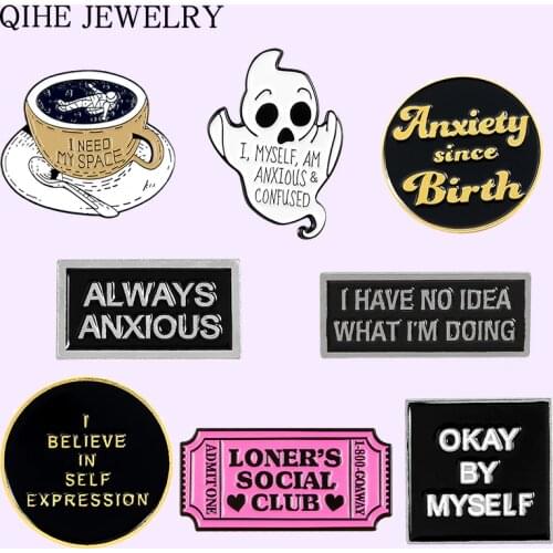 Social Anxiety Soft Enamel Pin Coffee Cup Ghost Film Ticket Rectangle Round Phrase Brooches Need Space Badges Gift For Friends