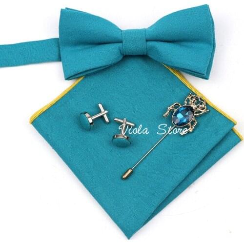 4 PCS Solid Floral Bow Tie Set Men Wedding Groom cufflinks Brooch Butterfly Pocket Square Party Birthday Gift Cravat Accessory