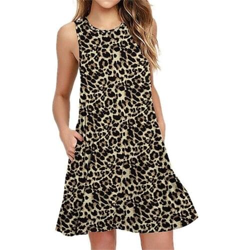 Plus Size Leopard Print Loose A-line Dress Casual New 2021 Summer Beach Dress Women Sexy Sleeveless O-Neck Pocket Dress Vestidos