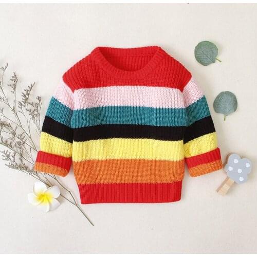 Stripe Print Girls Sweaters Autumn Fashion Rainbow Jumper Knitwear Loose Pullovers BC815
