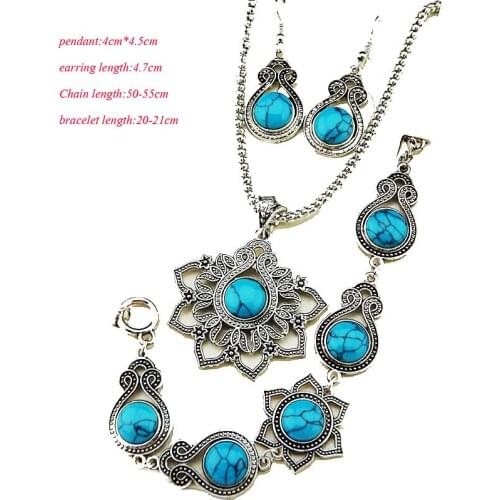 Retro New Style Antique Silver Blue Turquoise Natural Necklace Earrings Bracelet Vintage Stone Jewelry Set For Women Gift A2109