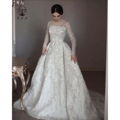 2022 Luxury Wedding Dresses Illusion O Neck Beaded Lace Long Sleeve Pleated Designer Robe De Mariee