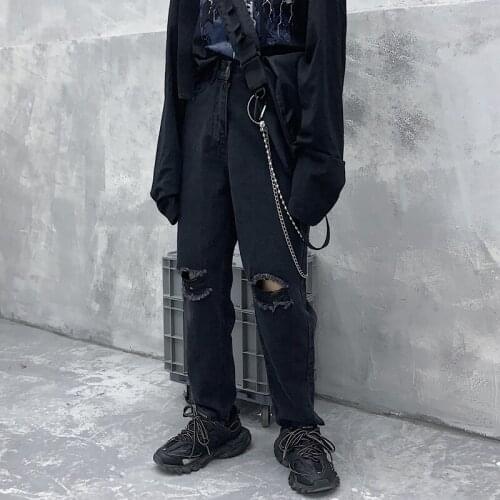 Distressed Ripped Black Jeans Pants for Women 2021 Fashion Trends High Street Clothing Teenage Girls Gothic Hole Denim Trousers