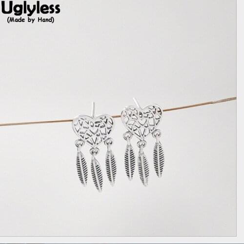 Uglyless 100% Real Solid 925 Sterling Silver Leaves Tassel Earrings for Women Ethnic Hollow Heart Studs Handmade Fine Jewelry