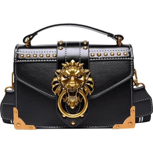 2021 New Wild Shoulder Bag Fashion Metal Lion Head Decoration Small Crossbody Bag Womens Wide Shoulder Bag 1778 21X14X7cm