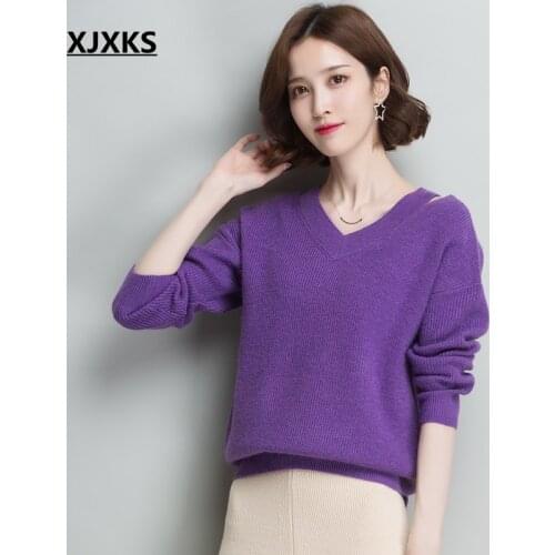 XJXKS Loose Womens Knit Sweaters Tops Drop-shoulder Sweater Collar Solid Pullovers Casual Spring Autumn Young Lady Sweaters