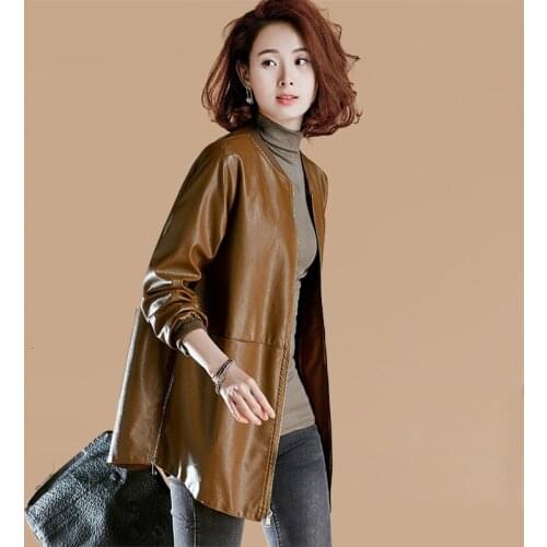 Brown Mid Long Faux Leather Jacket Plus Size Women Autumn Female Casual Loose Tunic Large Size Ladies PU Coat Oversize Clothes
