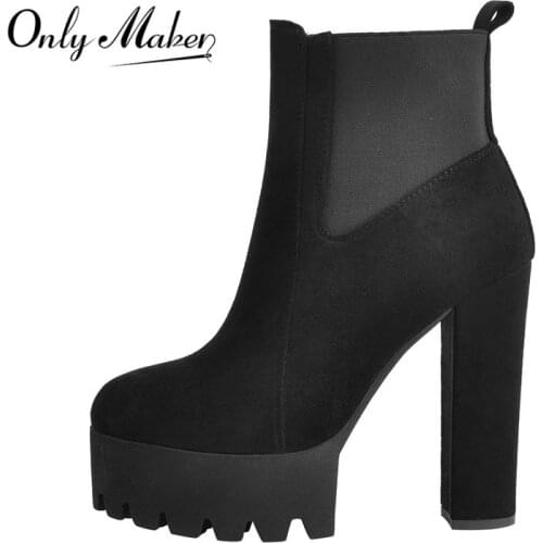 Onlymaker Womens Comfy Elastic Platform Boots Round Toe Chunky High Heel Pull on Ankle Booties