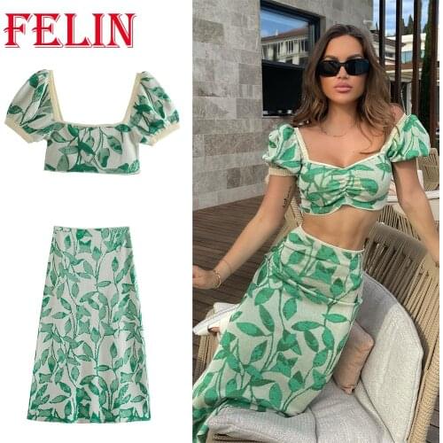 Za 2021 Chic Women Green knitting Sets 2 Pieces Sexy Mujer Cropped Tops High Waist Sunmmer Midi Skirts Streetwear Suits