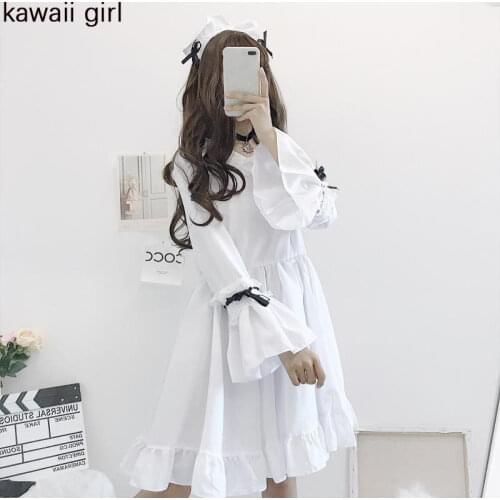 Japanese Cute Lolita Women Daily Outfit OP Maid Dress Kawaii Puff Sleeve Black White Vintage Ruffles Princess Dresses Soft Girls